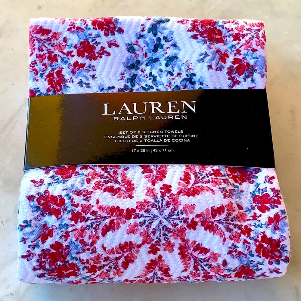 RALPH LAUREN KITCHEN TOWELS BLUES RED PINKS FLORAL ON WHITE SET OF 2 NEW